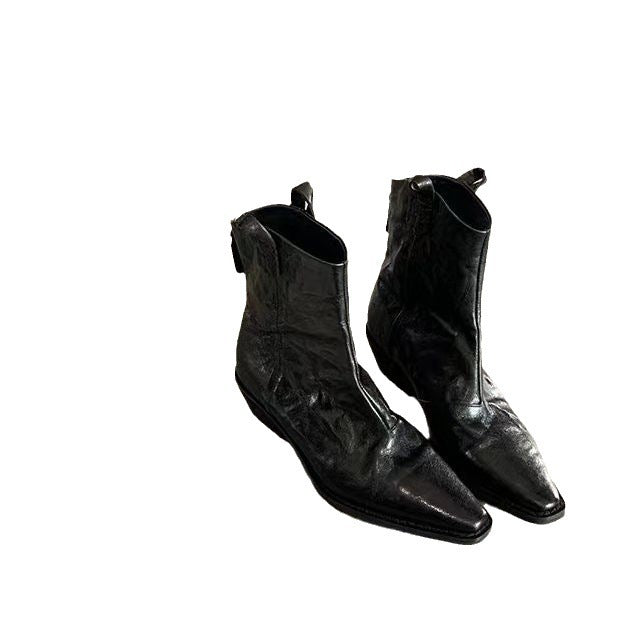 Women's Fashionable Pointed Toe V-shaped Mouth Vintage Denim Genuine Skinny Thick Women's Leather Boots