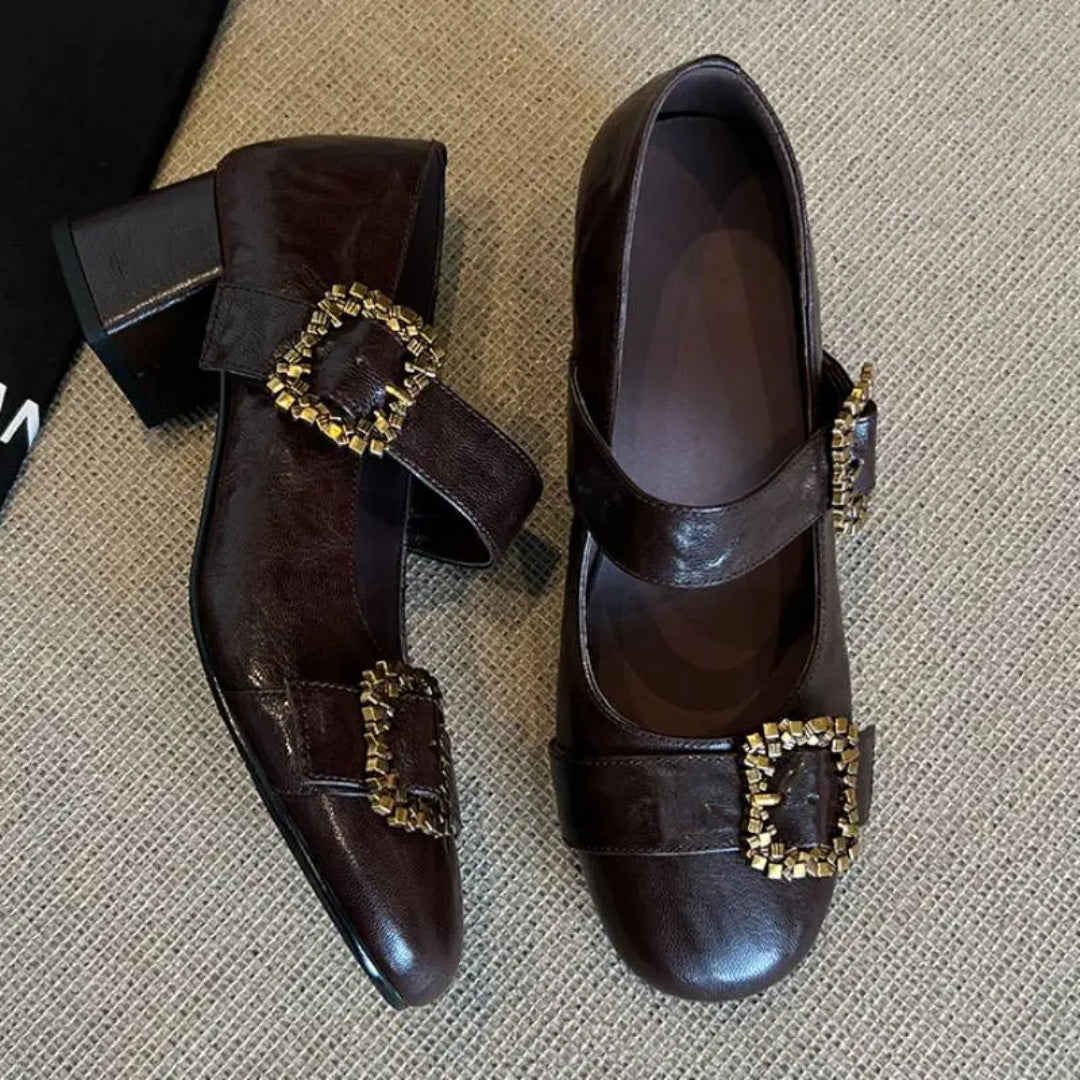 Sense Small Single-layer Word Metal Buckle Shallow Mouth Mid Mary Heels