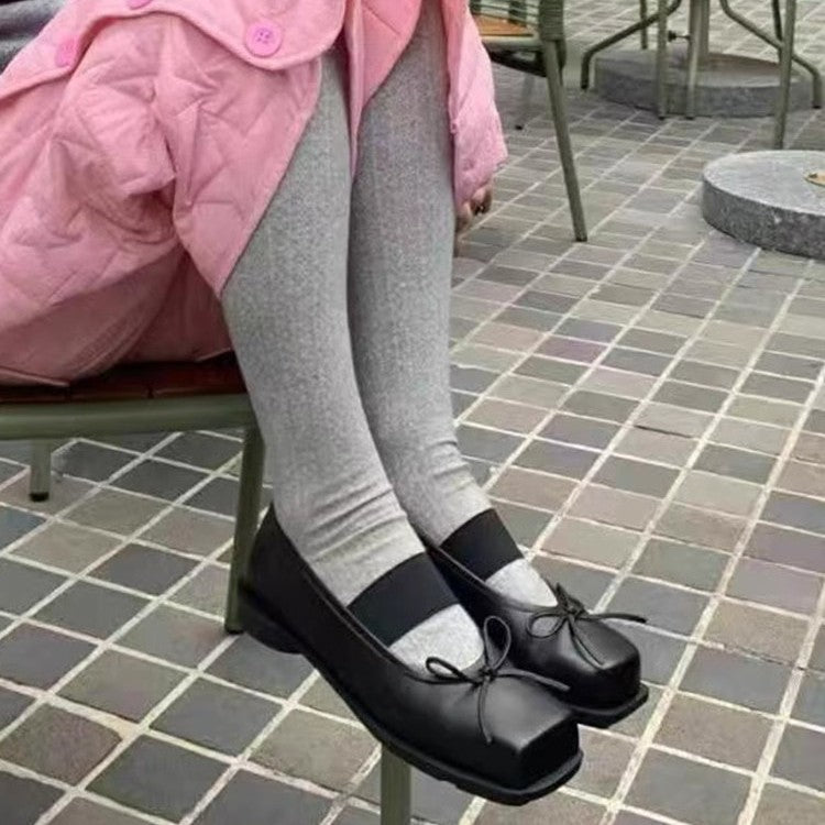 Vintage Low-cut Mandarin Duck Square Head Ballet Pumps Bow Heels