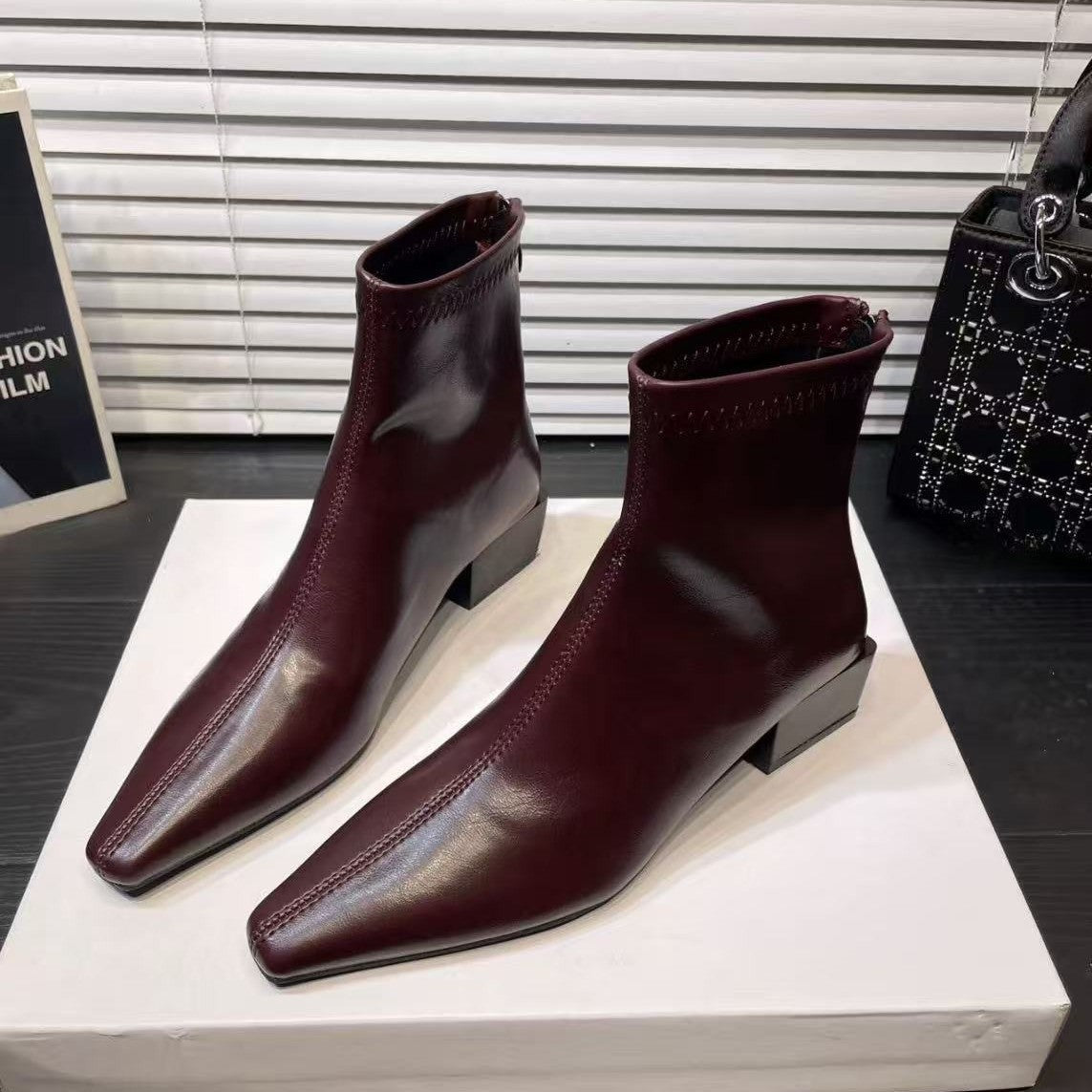 Women's Cherry Red Square Toe Chunky Chelsea Smoke Pipe Short Motorcycle Women's Leather Boots
