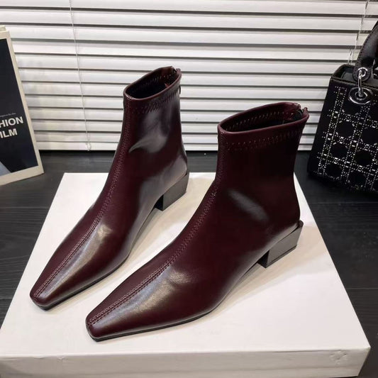 Women's Cherry Red Square Toe Chunky Chelsea Smoke Pipe Short Motorcycle Women's Leather Boots