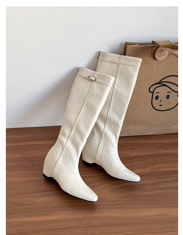 Women's Cowhide Version Small Height Increasing Insole High-heeled Women's Leather Boots