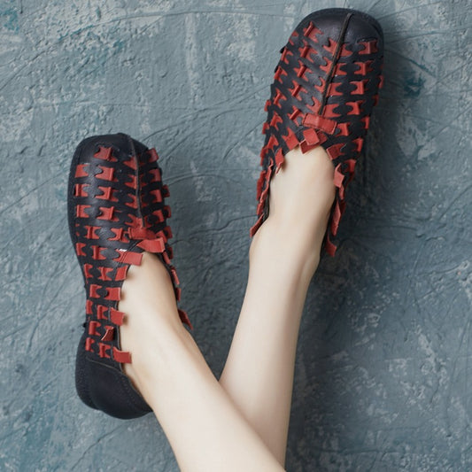 Women's Vintage Cowhide Hand-woven Soft Bottom Slip On Women's Casual Shoes