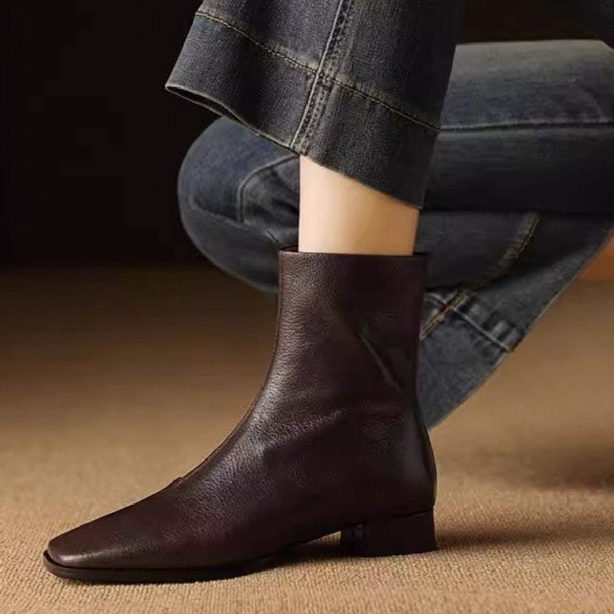 Women's Black Retro Ankle French Square Toe Chunky Women's Leather Boots