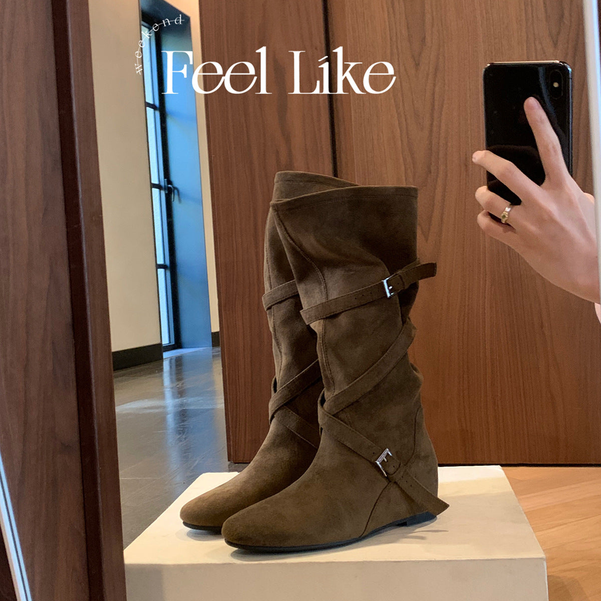 Women's Western Cowboy Korean Round Head Buckle Women's Leather Boots