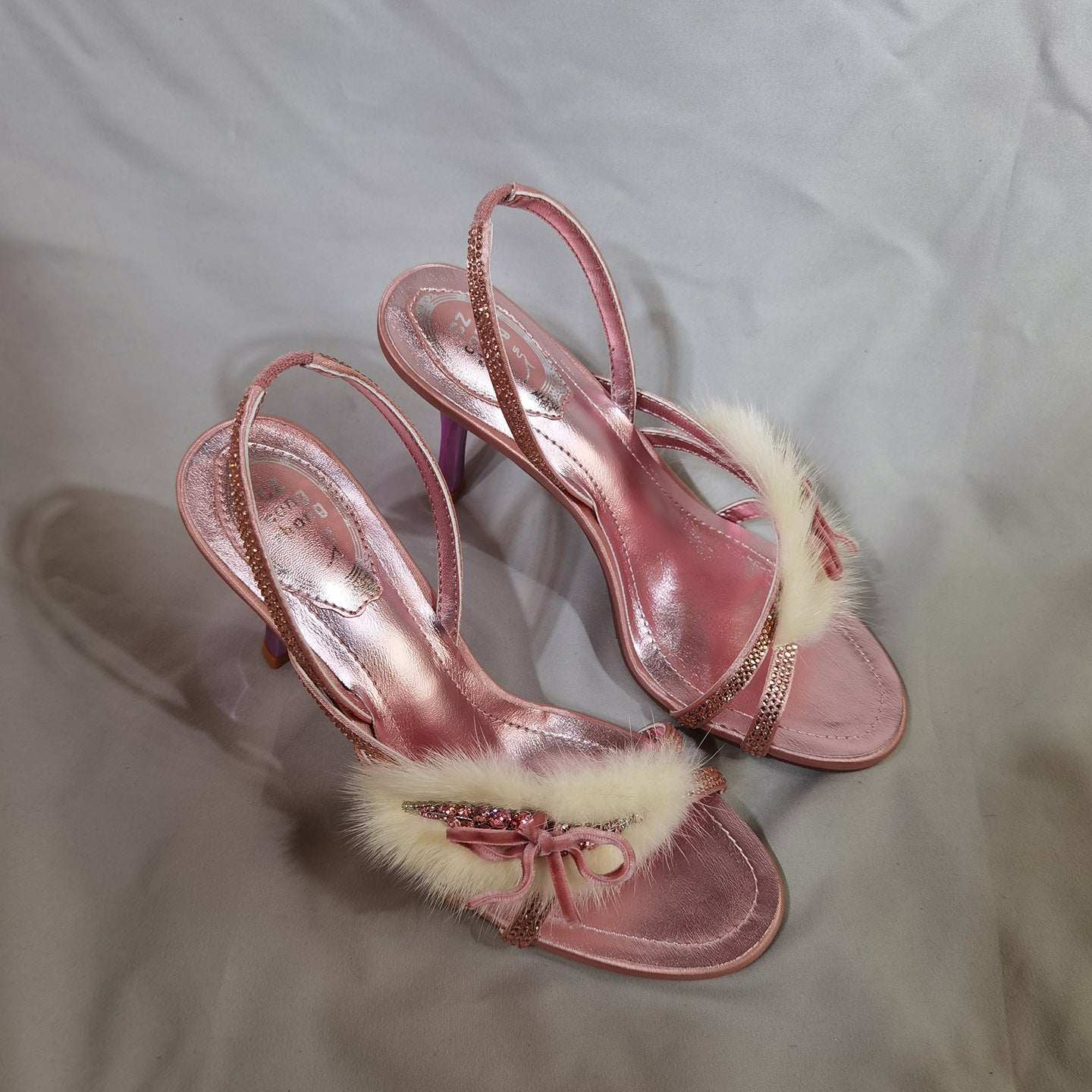 Women's Mink Fur Stiletto Banquet Party Open Toe Rhinestone Heels