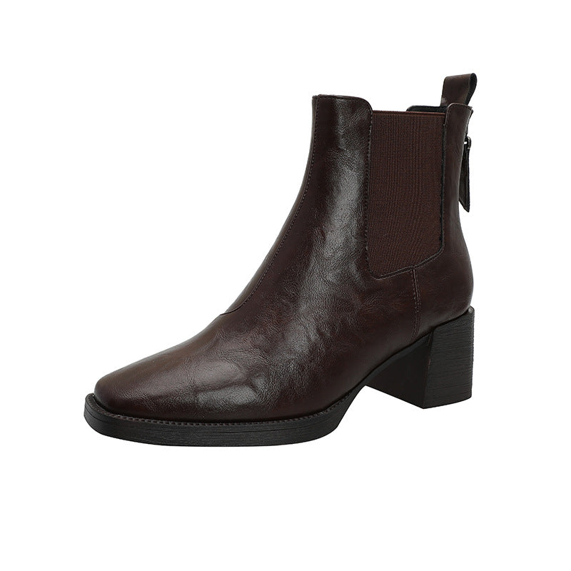 Women's High Winter Chunky Brown Mid Fashion Square Boots