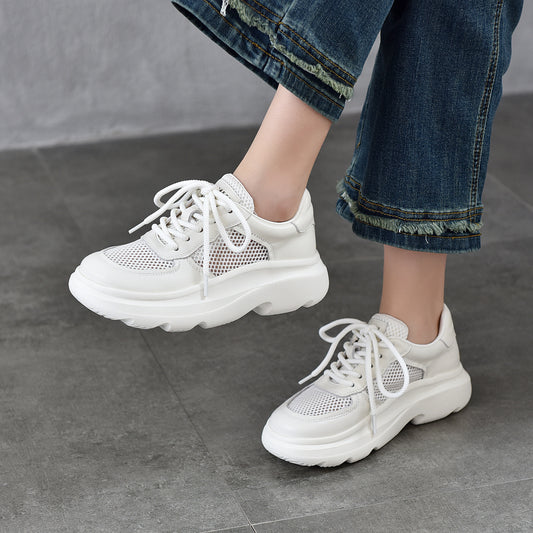 Women's Layer Cowhide Lightweight Platform White Genuine Summer Breathable Sports Casual Shoes