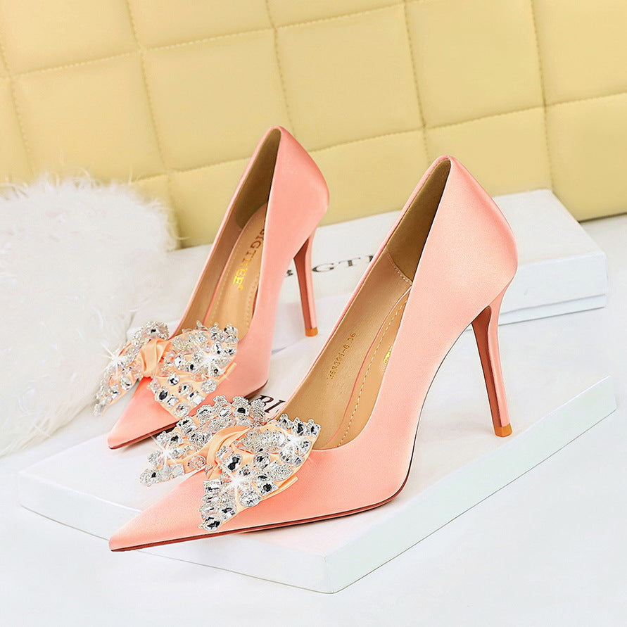 Women's Satin Shallow Mouth Pointed Toe Rhinestone Bow Women's Fashion Shoes