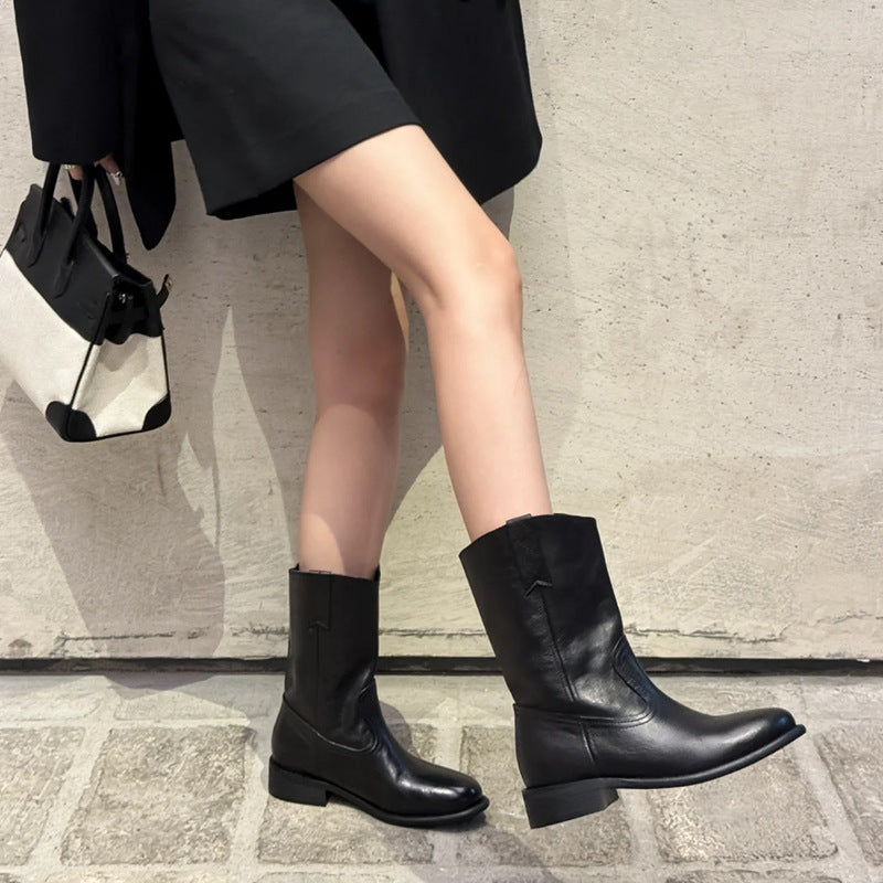 Women's Black Retro Fashion Western Denim Fashionable Chunky Women's Leather Boots