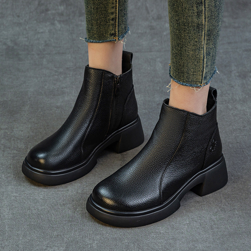Women's First Layer Cowhide Martin Retro British Style Genuine Medium Heels