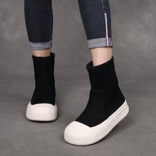 Stretch Thick Bottom Sock Street Style Fashion Back Zip Short Women's Leather Boots