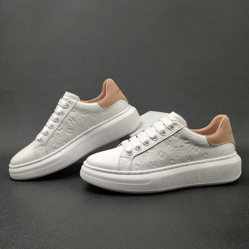 Men's Top Layer Fashionable Genuine Embossed White Men's Sports Shoes