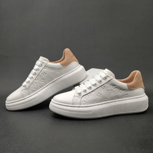 Men's Top Layer Fashionable Genuine Embossed White Men's Sports Shoes