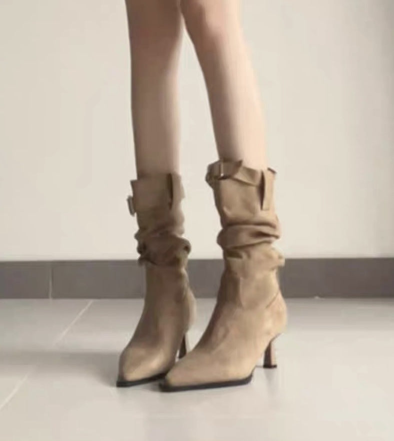 Women's Fleece-lined Pleated Pile Style High French Small Women's Leather Boots