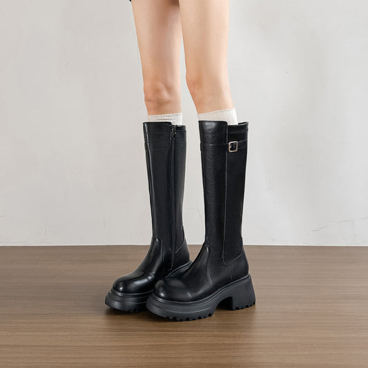 Women's Buckle Below The Knee Widened Back Women's Leather Boots