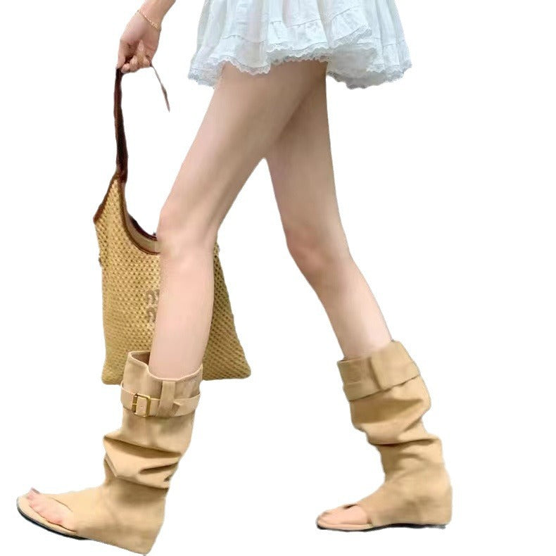 Open Toe Herringbone Height Increasing Insole Western Slimming Length Loose Women's Leather Boots