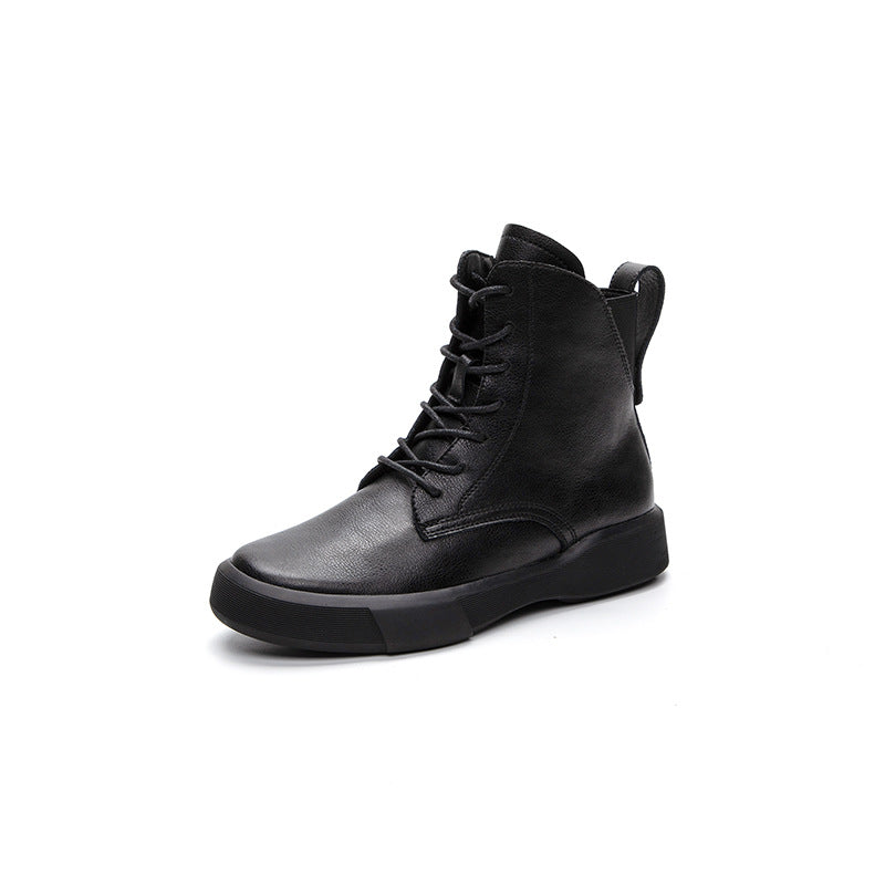 Women's Versatile Cowhide Short British Retro Platform Women's Leather Boots