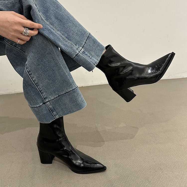 Black High Short Female British Style Women's Leather Boots