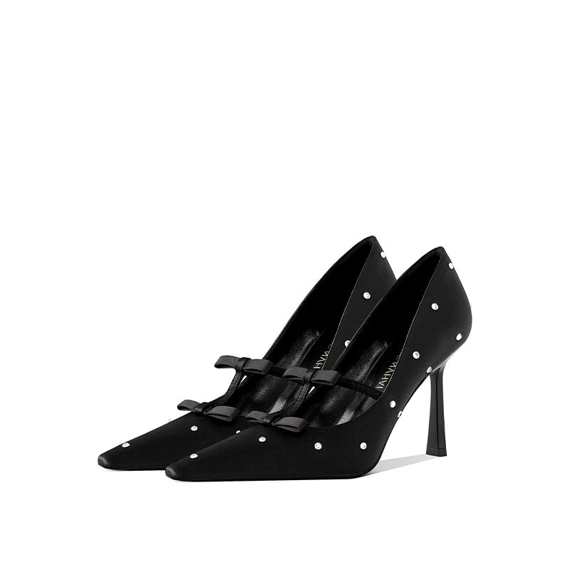 Women's Style Temperament Bow Black Crystal Pumps Women's Shoes