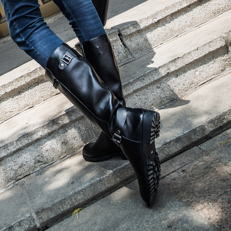 Hair Simple Wellingtons Korean Fashion Zipper High Leg Denim Pointed Men's Leather Boots