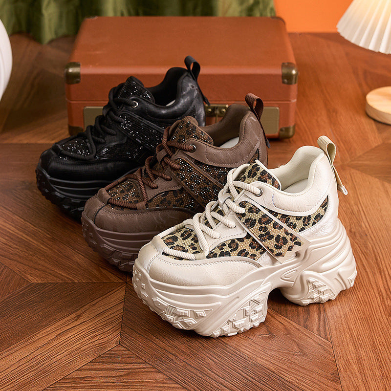 Women's Dad Fashionable Leopard Print Diamond Height Increasing Men's Shoes