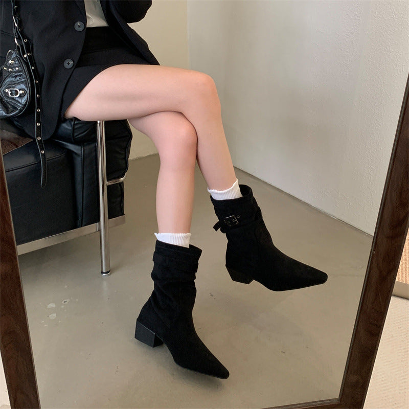 Women's With Skirt Thin Khaki Matte Suede Boots