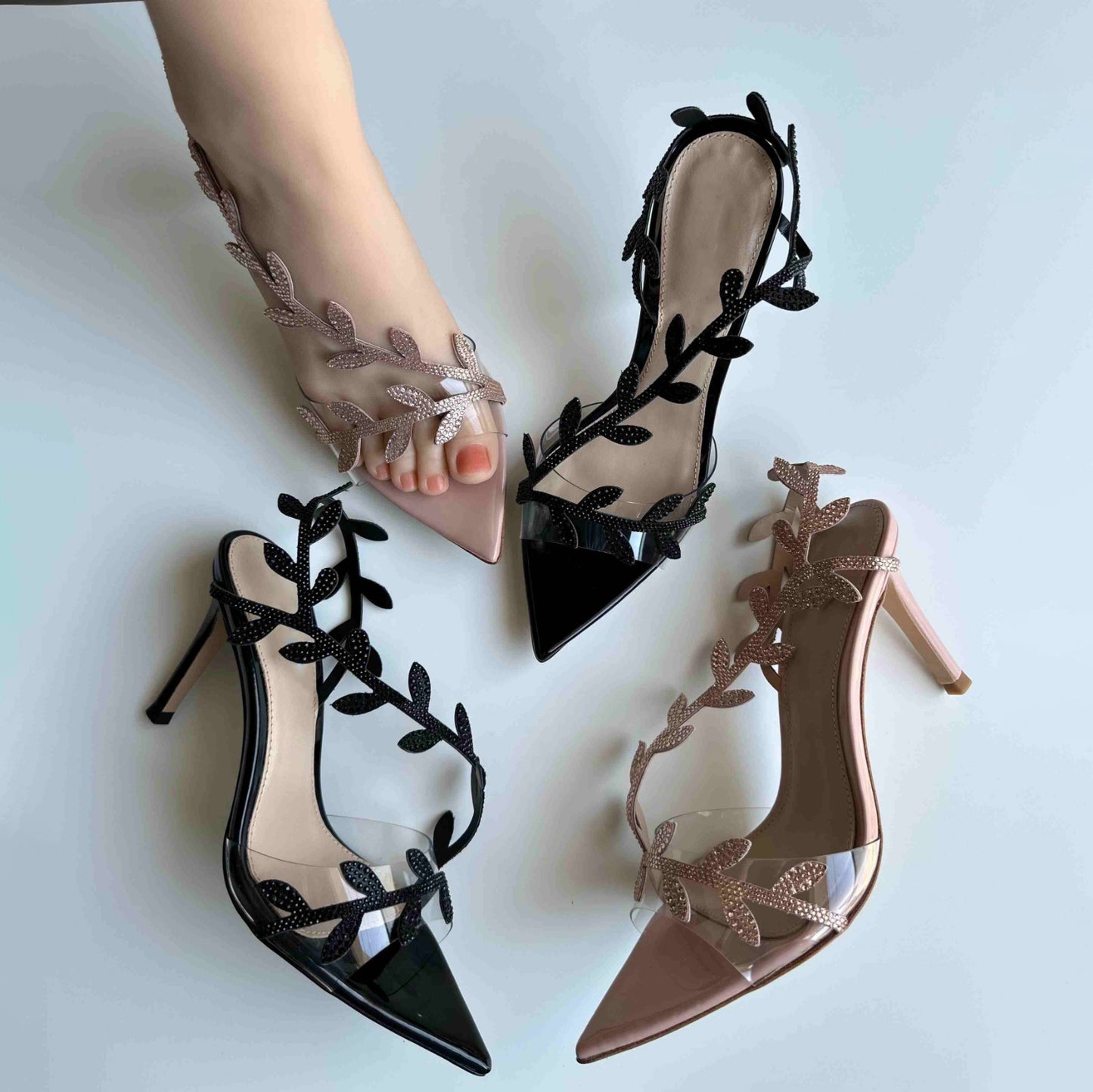 Summer Leaves Rhinestone Fairy Style Stilettos Pointed Toe High Heeled Sandals