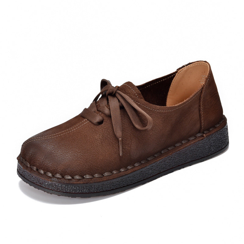 Women's Spring First Layer Cowhide Ethnic Style Retro Lace Up Flat Men's Shoes