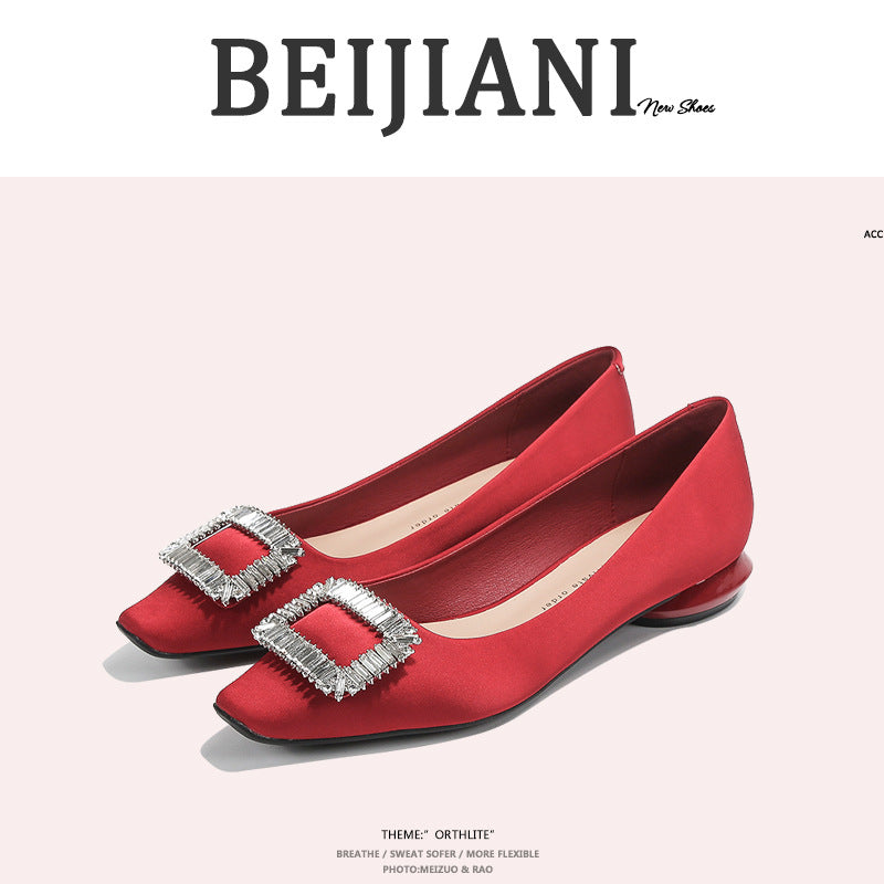 Women's Rhinestone Square Buckle Thick Pumps Satin Silk Low Flats Temperament Women's Fashion Shoes