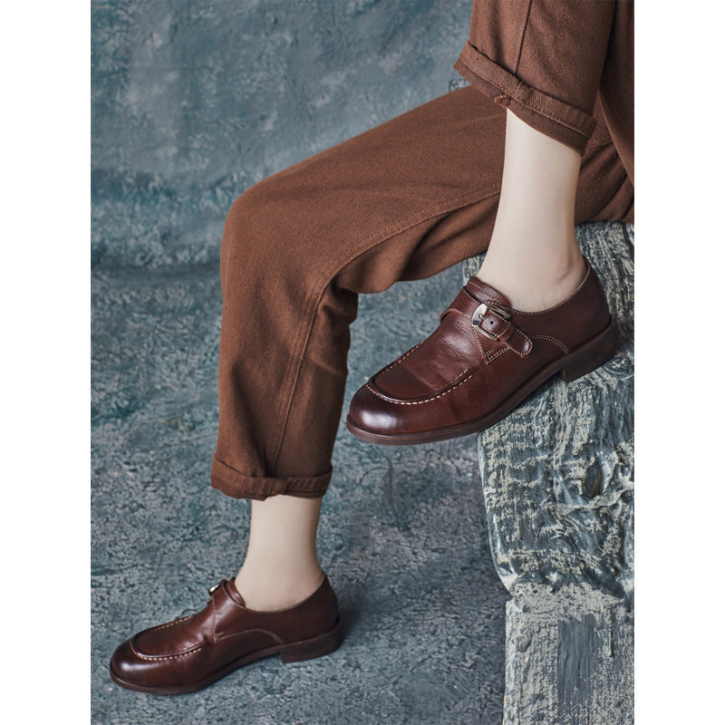 Style Washed Cowhide Round Toe Handmade Adjustable Buckle Fashion Deep Women's Casual Shoes