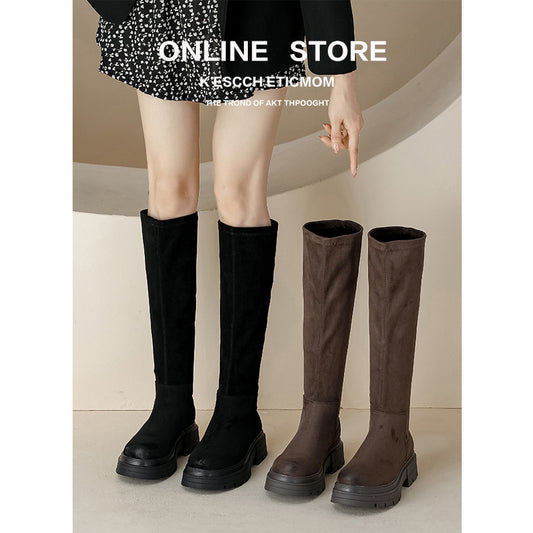 Suede Stretch Skinny Below The Knee Long Women's Leather Boots