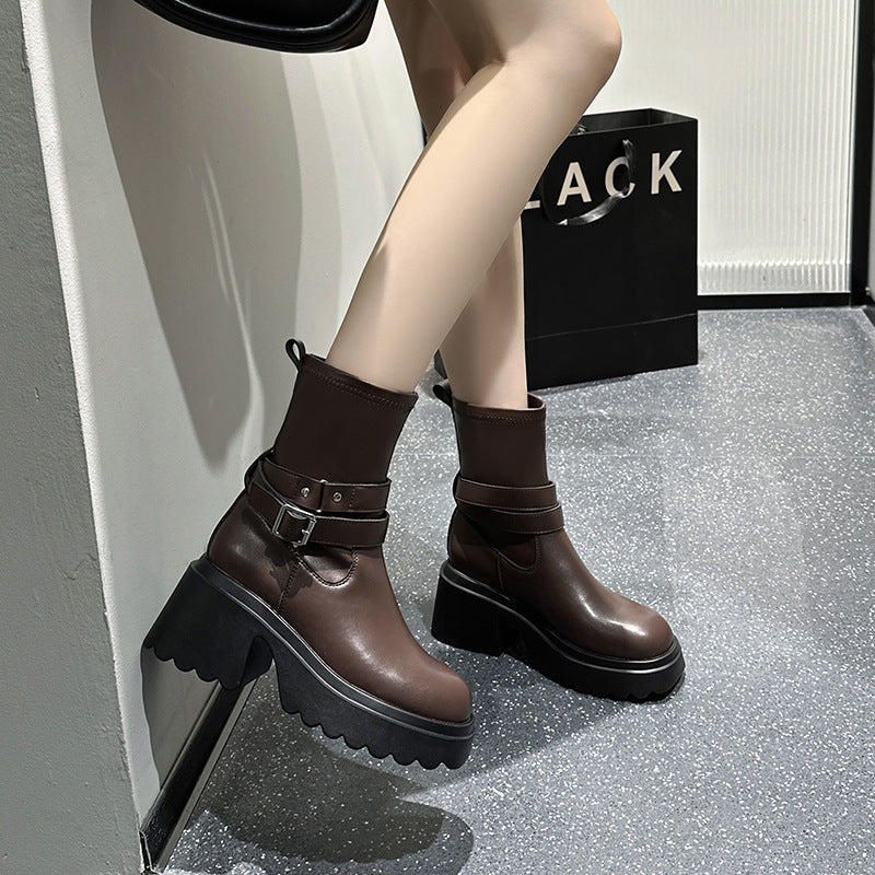 Women's For Height Increasing Skinny Belt Buckle Round Head Slip-on Boots