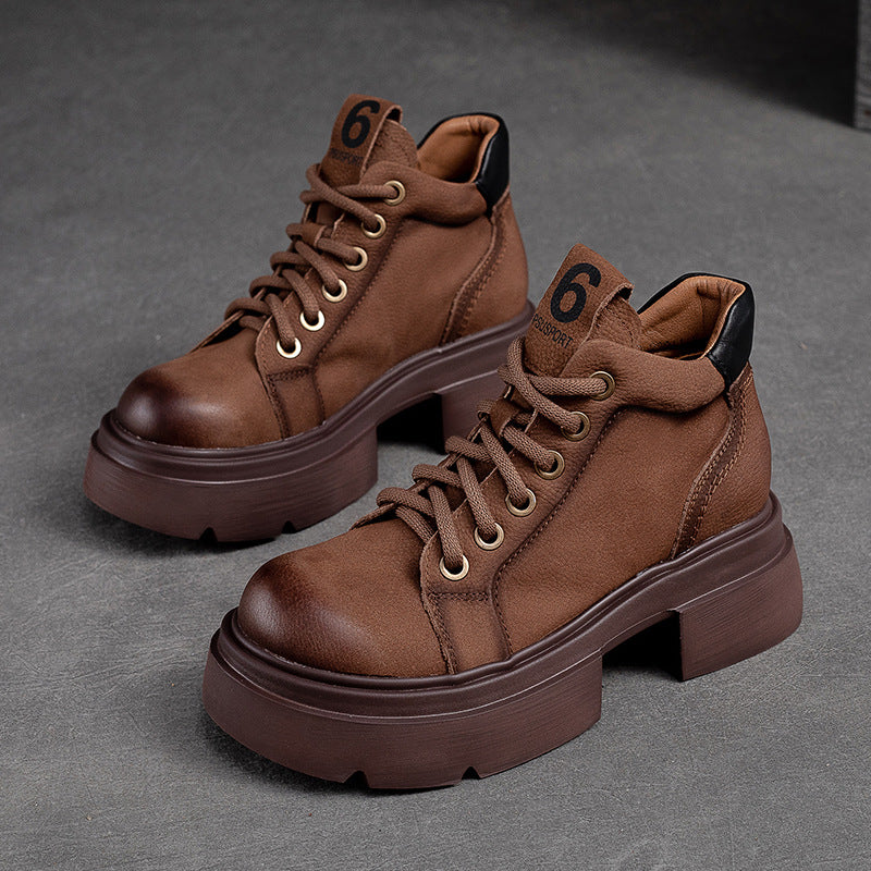 Women's Autumn Round Toe Solid Color Front Martin Versatile Fashion Platform Women's Leather Boots