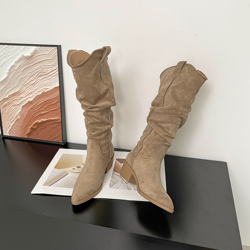 Women's Knight V Buckle Skinny Pile Style Chunky Women's Leather Boots