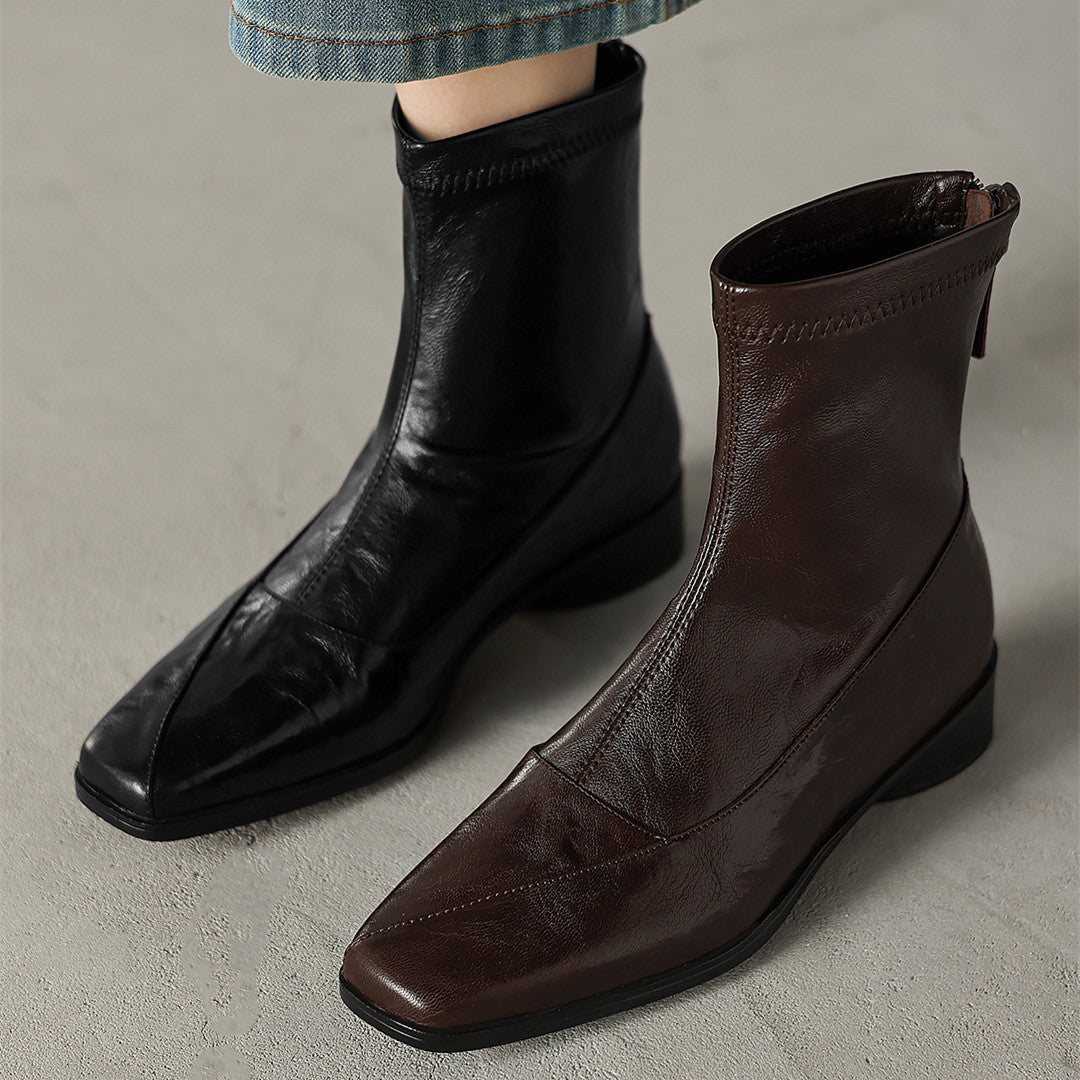 Women's Booties Genuine Temperament Square Toe Soft Bottom Comfortable Flat Boots