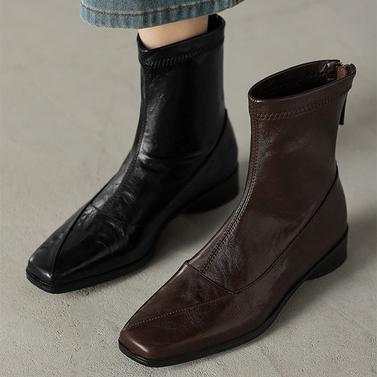 Women's Booties Genuine Temperament Square Toe Soft Bottom Comfortable Flat Boots