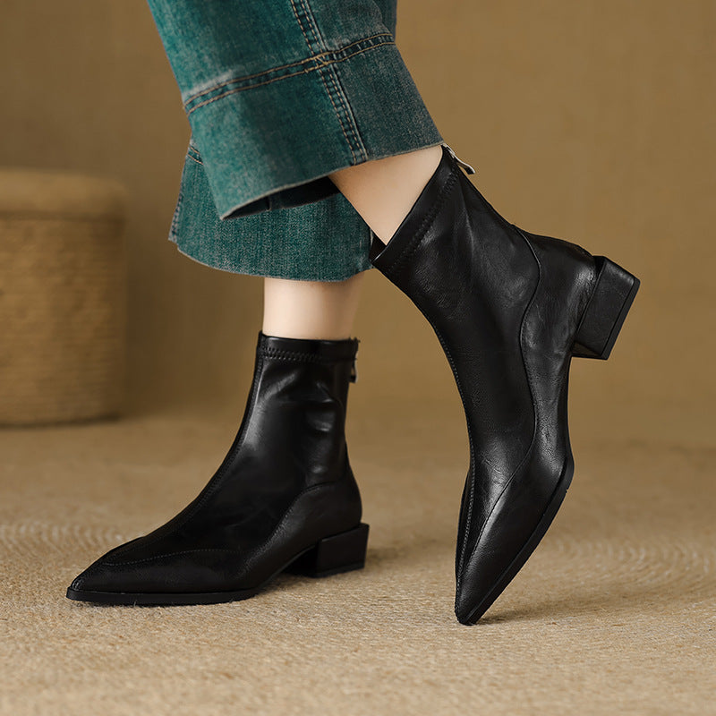Women's French Pointed Toe Stretch Thin Low Thick Short Retro Brown Heels