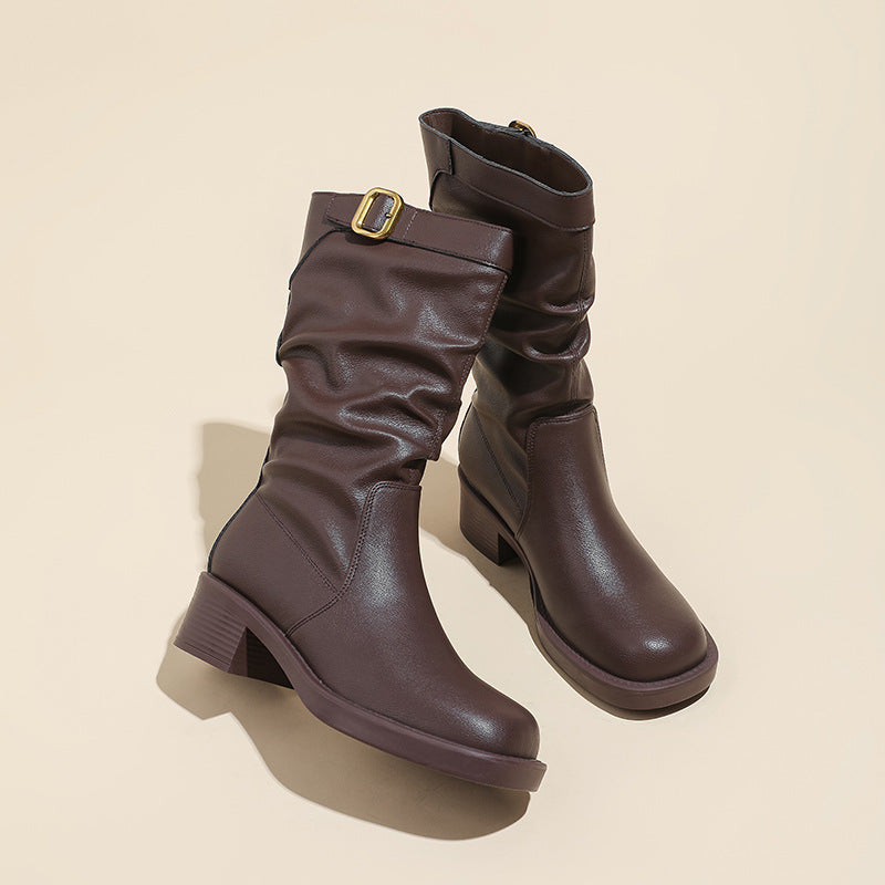 Women's Vintage Crumpled Short Popular Fashion Matching Thick Women's Leather Boots