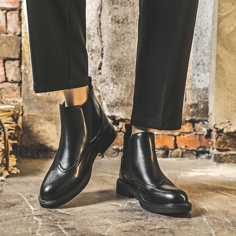 Men's Chelsea British Smoke Pipe Ankle Brogue Business Men's Leather Boots