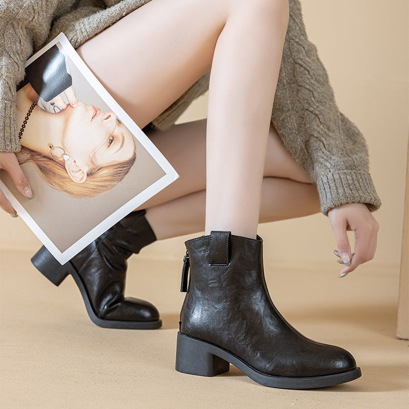Women's Thin Winter Fleece-lined Warm Chunky Ankle Women's Leather Boots