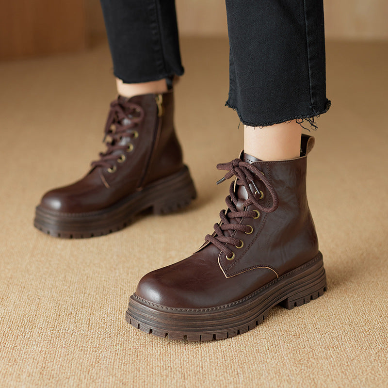Women's Ankle Martin British Style Cowhide Side Boots