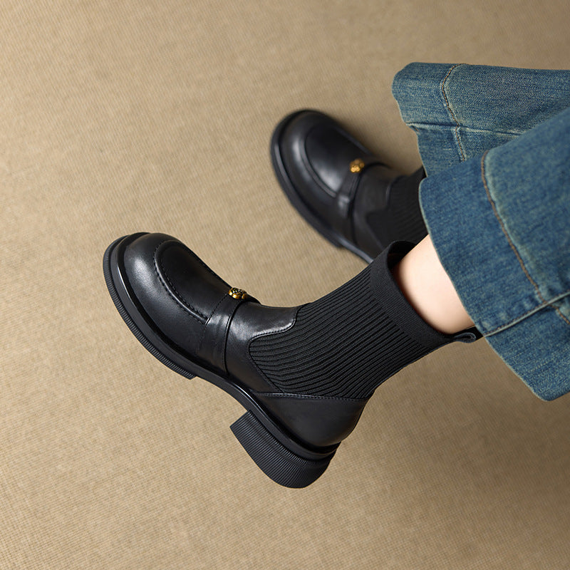 Women's British Style Skinny Knitted Elastic Socks Women's Leather Boots