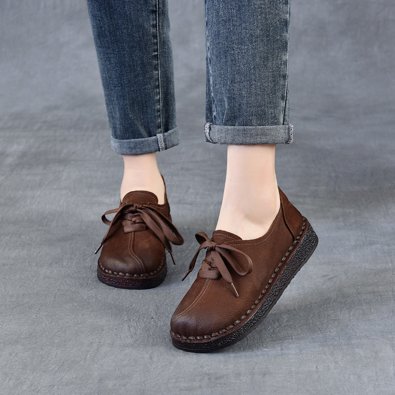 Women's Spring First Layer Cowhide Ethnic Style Retro Lace Up Flat Men's Shoes