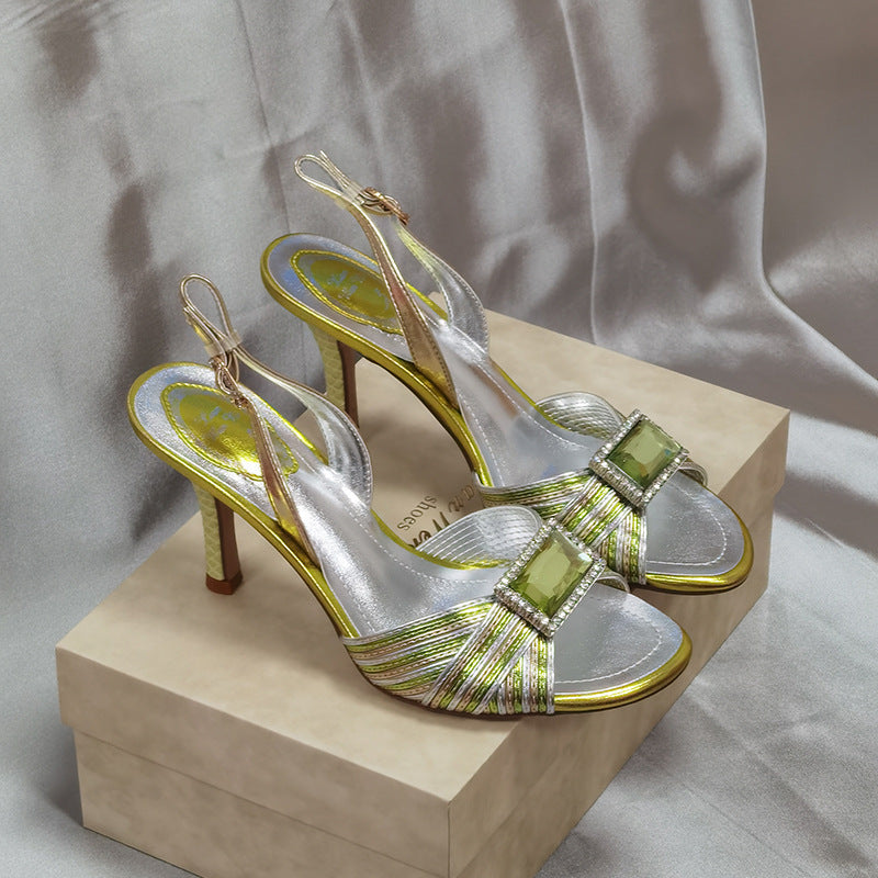 Women's Rhinestone Gem Summer Peep Toe Color Block High Heeled Sandals