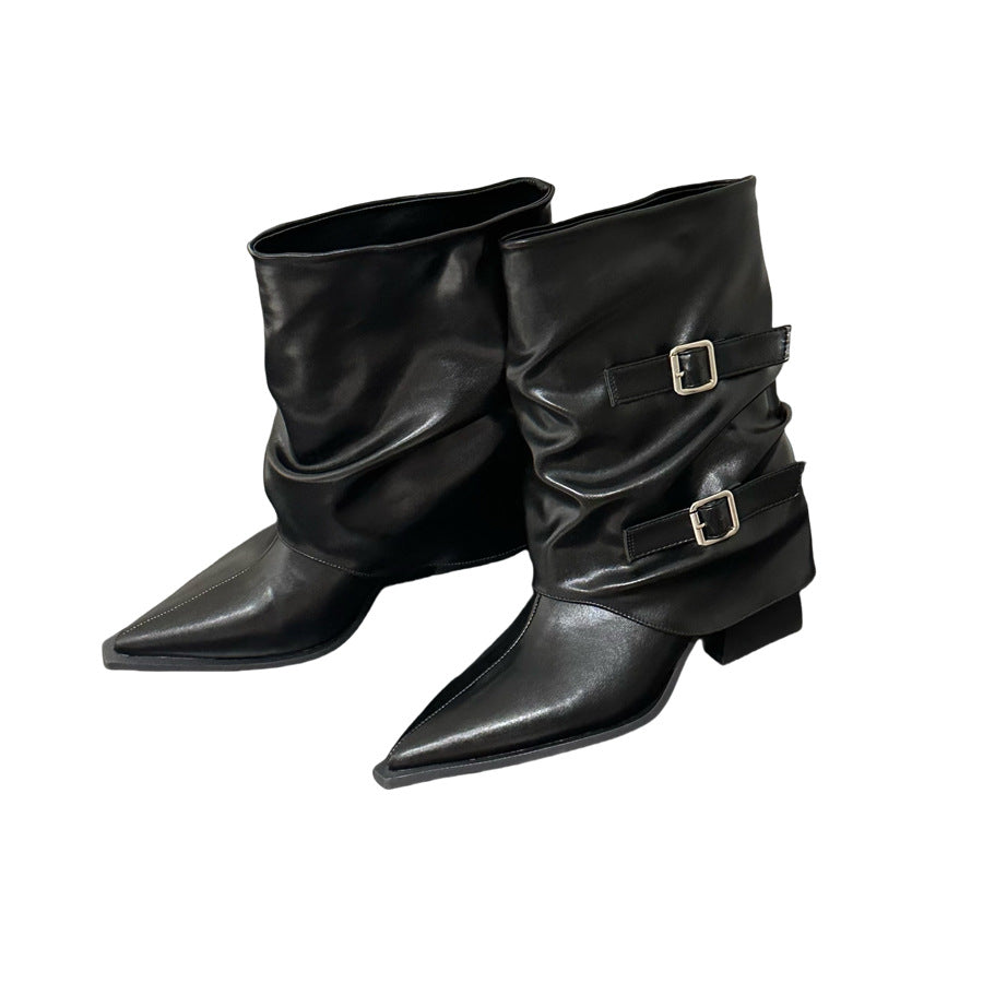 Women's Martin Pleated Middle Thick Slimming Pants Women's Leather Boots