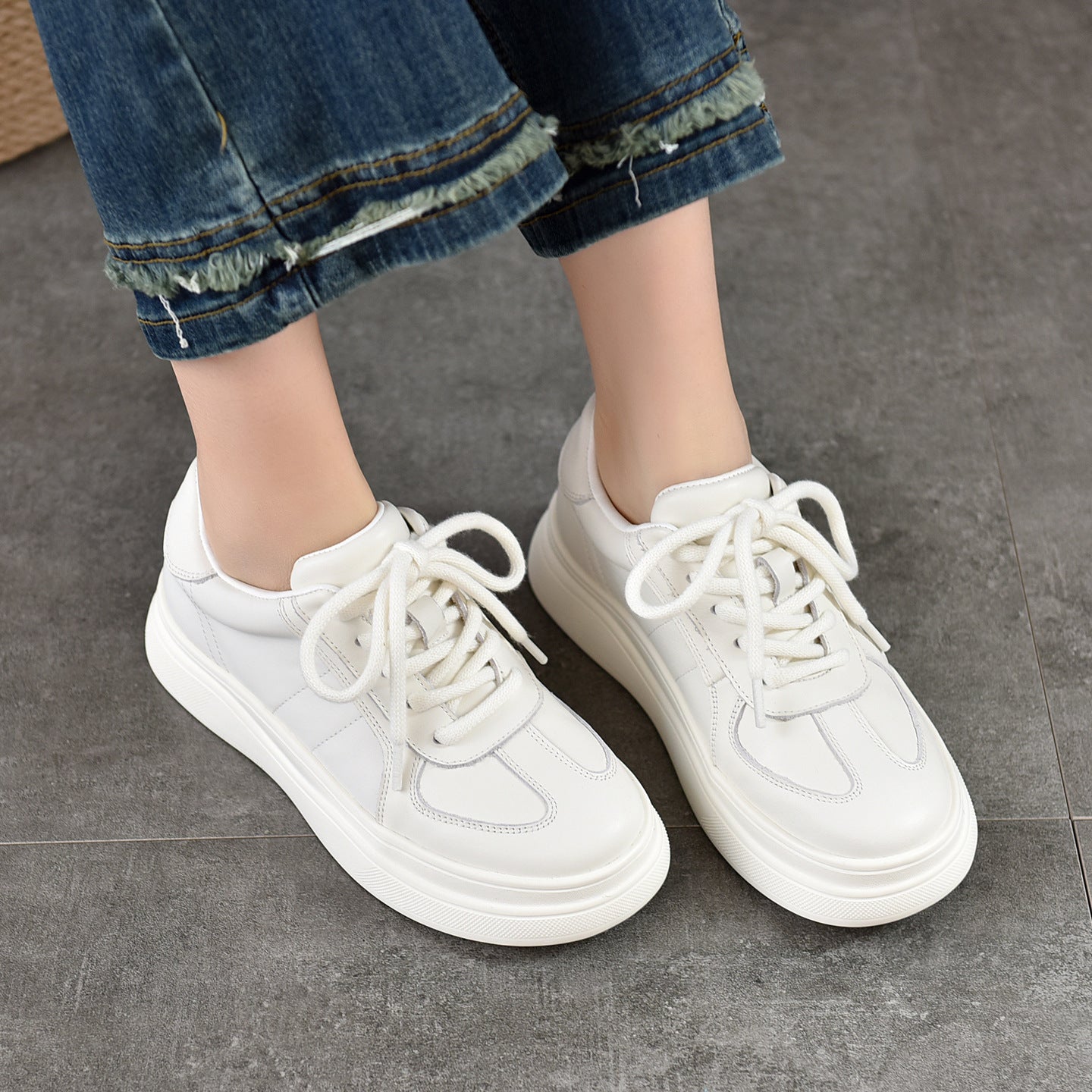 Women's Layer Cowhide White Lightweight Platform Pumps Spring Sports Casual Shoes