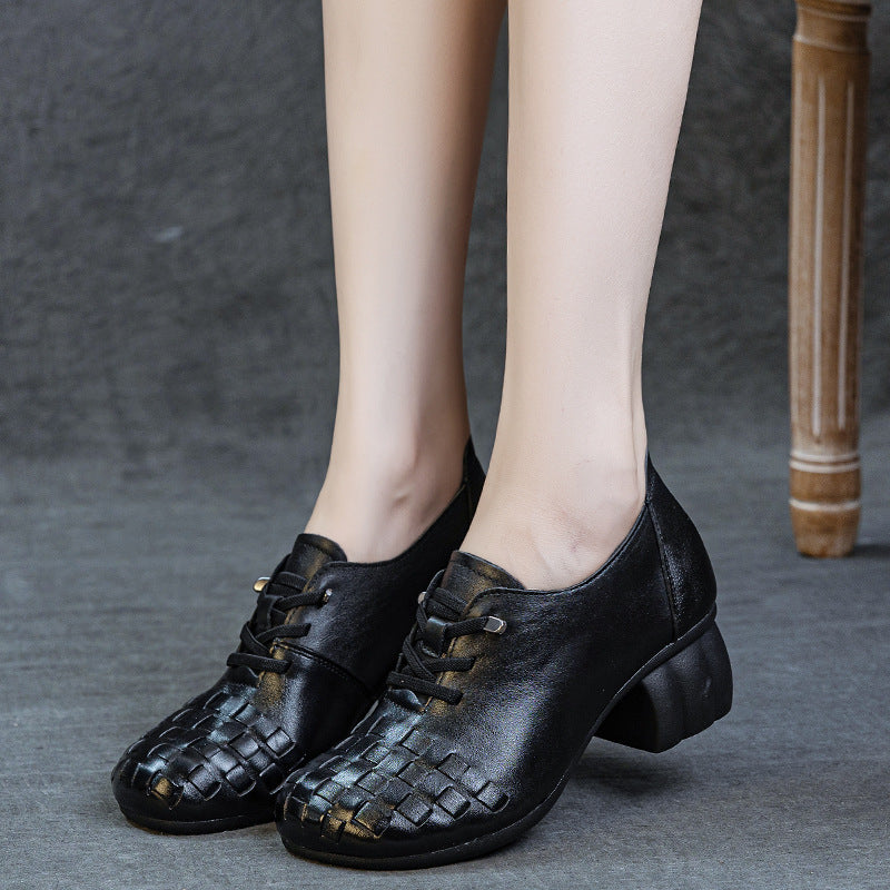 Women's Thick Soft Bottom First Layer Cowhide Slip-on High-cut Retro Handmade Heels