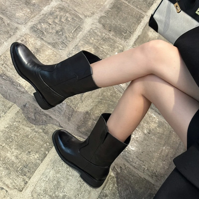 Women's Black Retro Fashion Western Denim Fashionable Chunky Women's Leather Boots