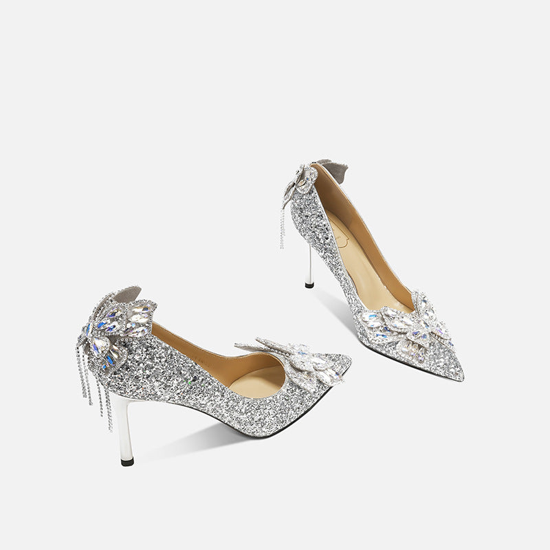 Bridal Pointed Toe Design Sequined Tassel Butterfly Shallow Heels